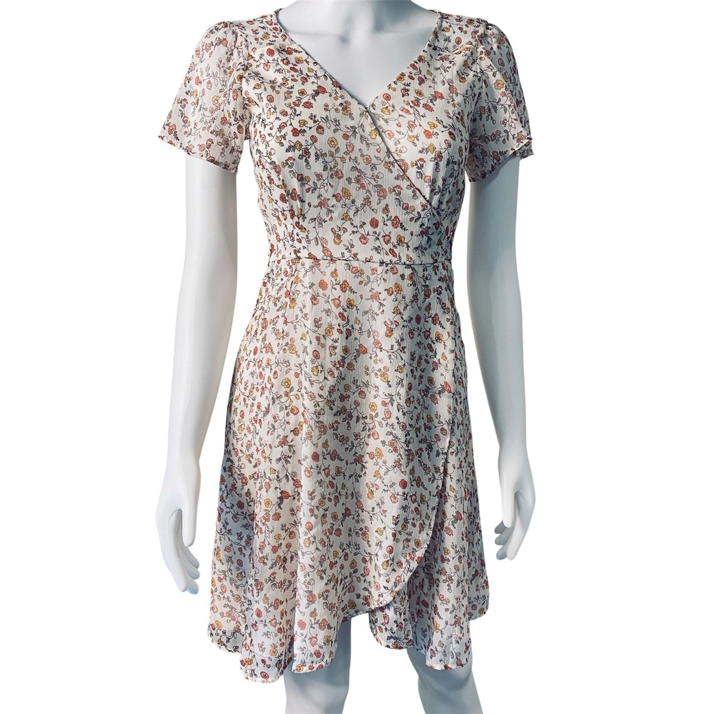 Abercrombie & Fitch Womens XS Floral Wrap Mini Dress Short Sleeve V-Neck Cream
